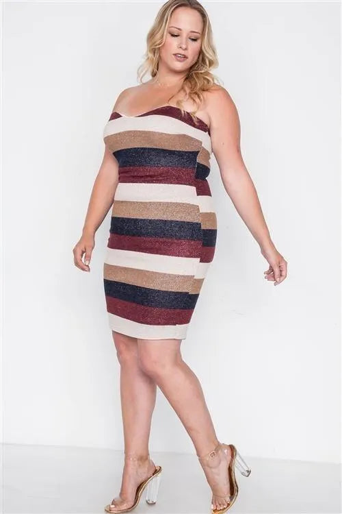 Plus Size Multi Stripe Strapless Bodycon Mini Dress - Tasha Apparel Wholesale