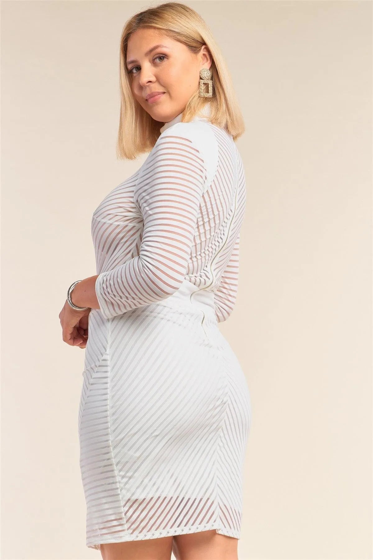 White Junior Plus Size Long Sleeve Chevron Sheer Bodycon Mini Dress /3-3 - Tasha Apparel Wholesale