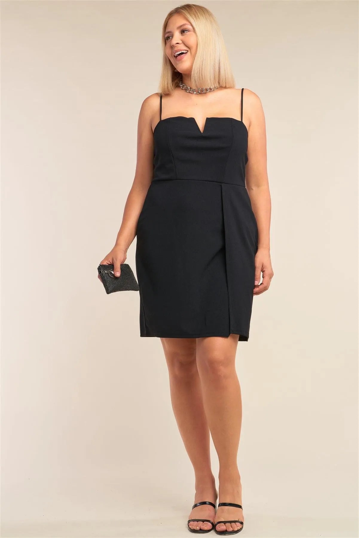 Junior Plus Size Black Sleeveless V-Shaped Front Detail Side Slit Tight Fit Mini Dress /2-2-2 - Tasha Apparel Wholesale
