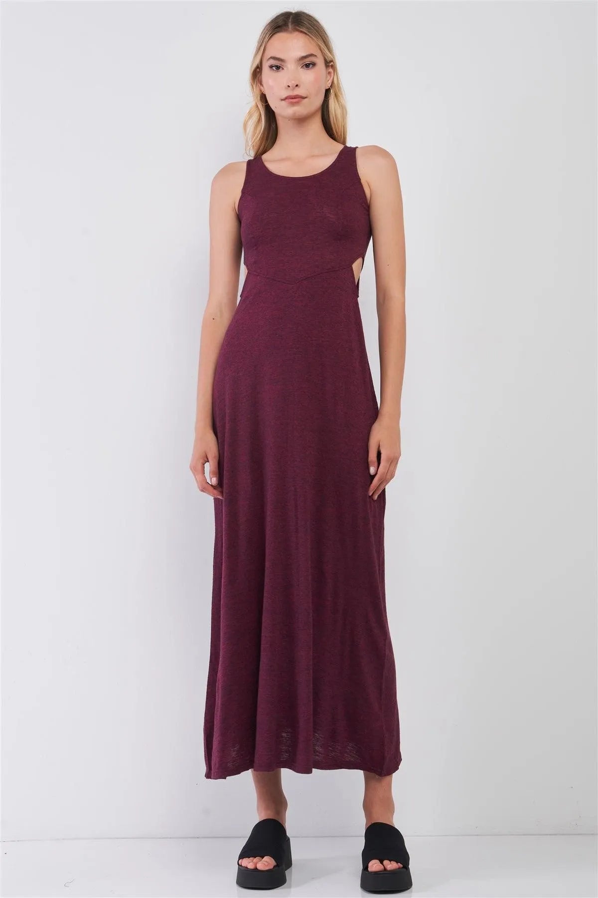 Wine Sleeveless Round Neck Crochet Back Detail Cut-Out Maxi Dress - Tasha Apparel Wholesale