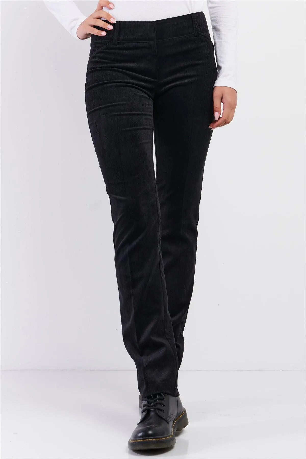 Black 90's Vibe Mid-Rise Corduroy Straight Fitted Pants /1-1-1 - Tasha Apparel Wholesale