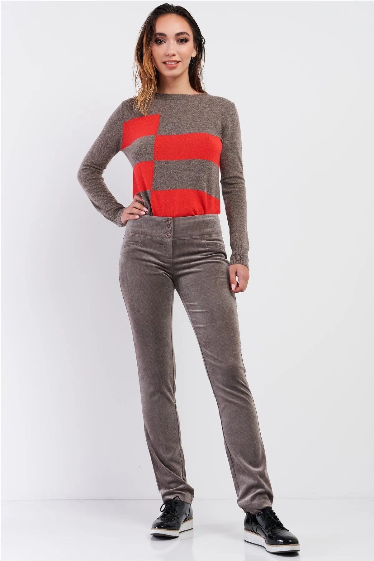 Mocha Brown Retro Corduroy Mid-Rise Front Button Down Waist Detail Slim Fit Straight Pants /2-2-2 - Tasha Apparel Wholesale