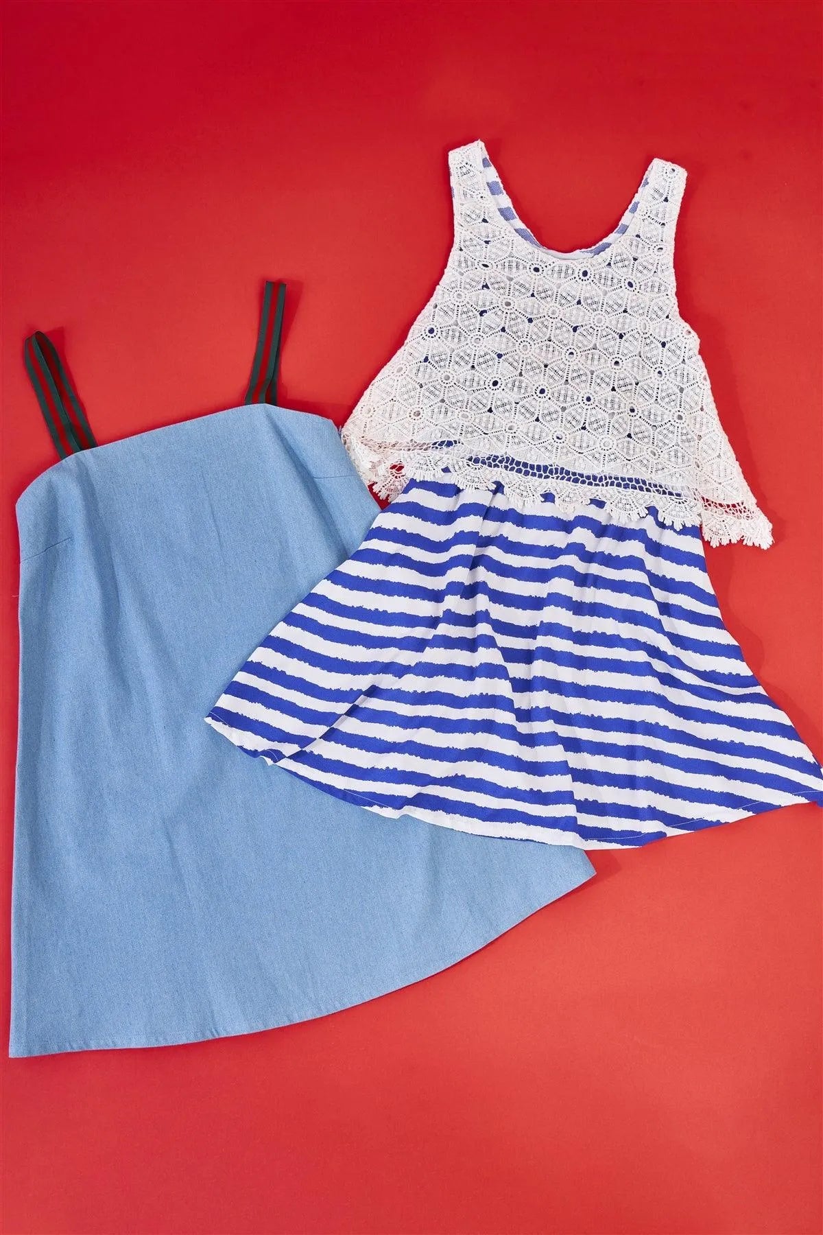 White & Navy Horizontal Striped Round Neck Sleeveless Floral Embroidery Layered Top Mini Dress /1-2-2-1 - Tasha Apparel Wholesale