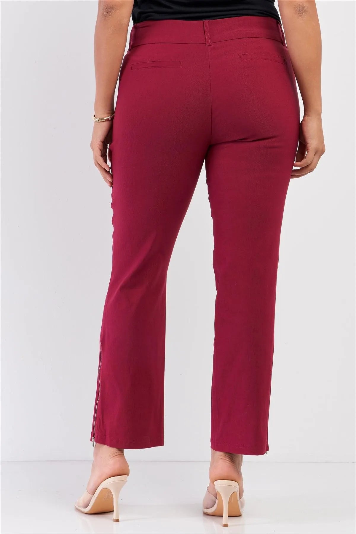 Junior Plus Earth-Red Mid-Rise Two Side Leg Zipper Pants /2-2-1 - Tasha Apparel Wholesale