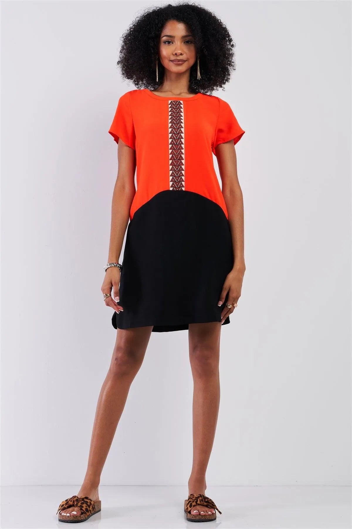 Neon Orange & Black Color Block Front Geometrical Pattern Detail Relaxed Fit Round Neck Short Sleeve Mini Dress /1-3-1 - Tasha Apparel Wholesale
