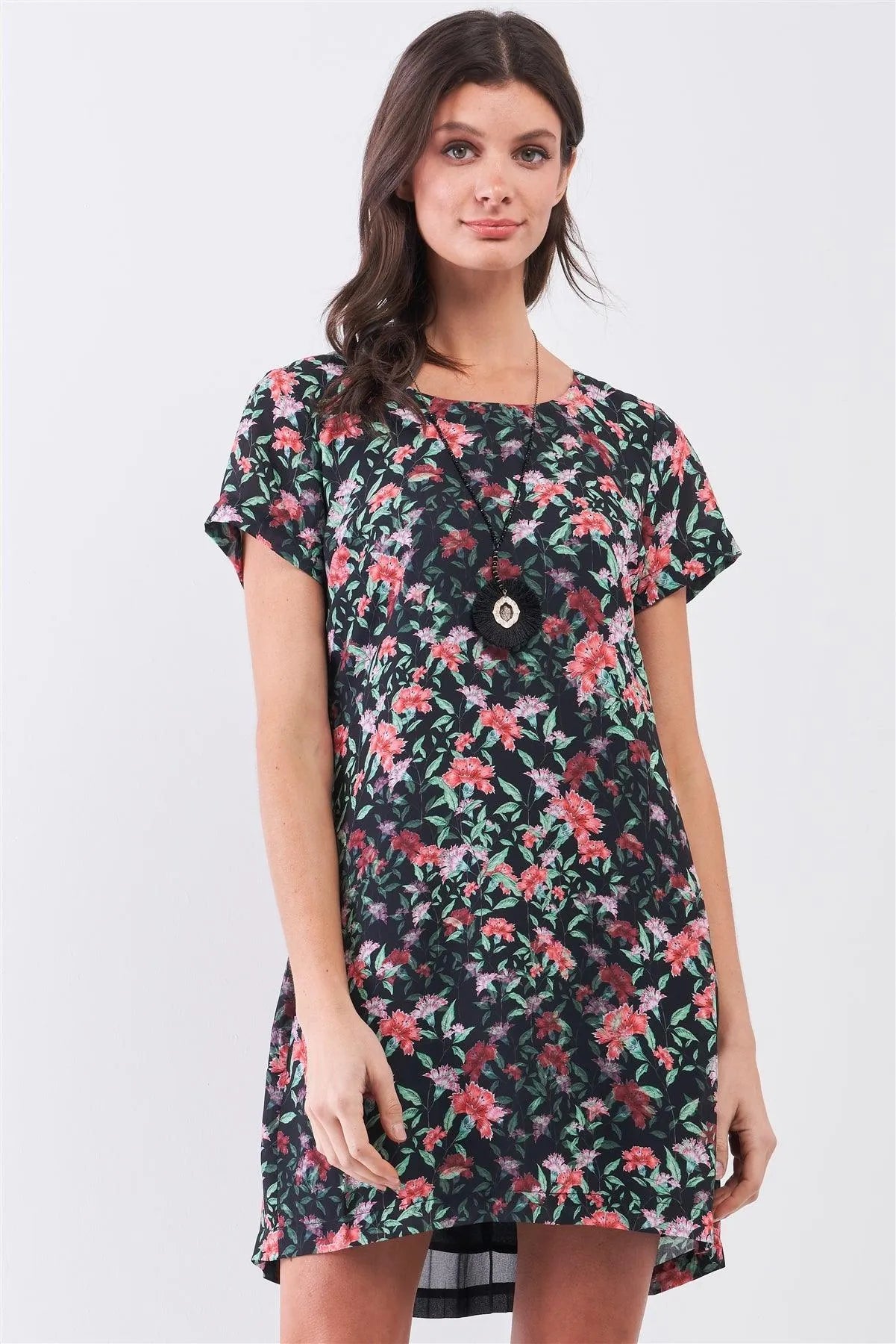 Black Multicolor Floral Print Pleated Back Detail Relaxed Mini Dress /2-1-3 - Tasha Apparel Wholesale