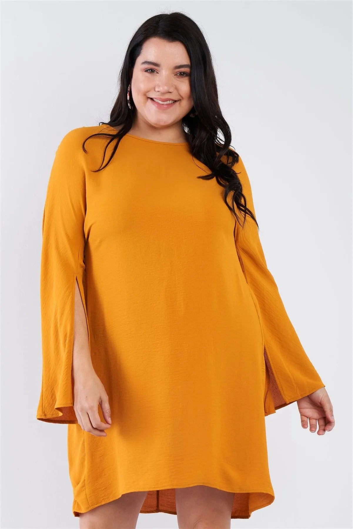 Plus Size Mustard Yellow Retro Chic Full Slit Sleeve Mini Dress /1-2-1 - Tasha Apparel Wholesale