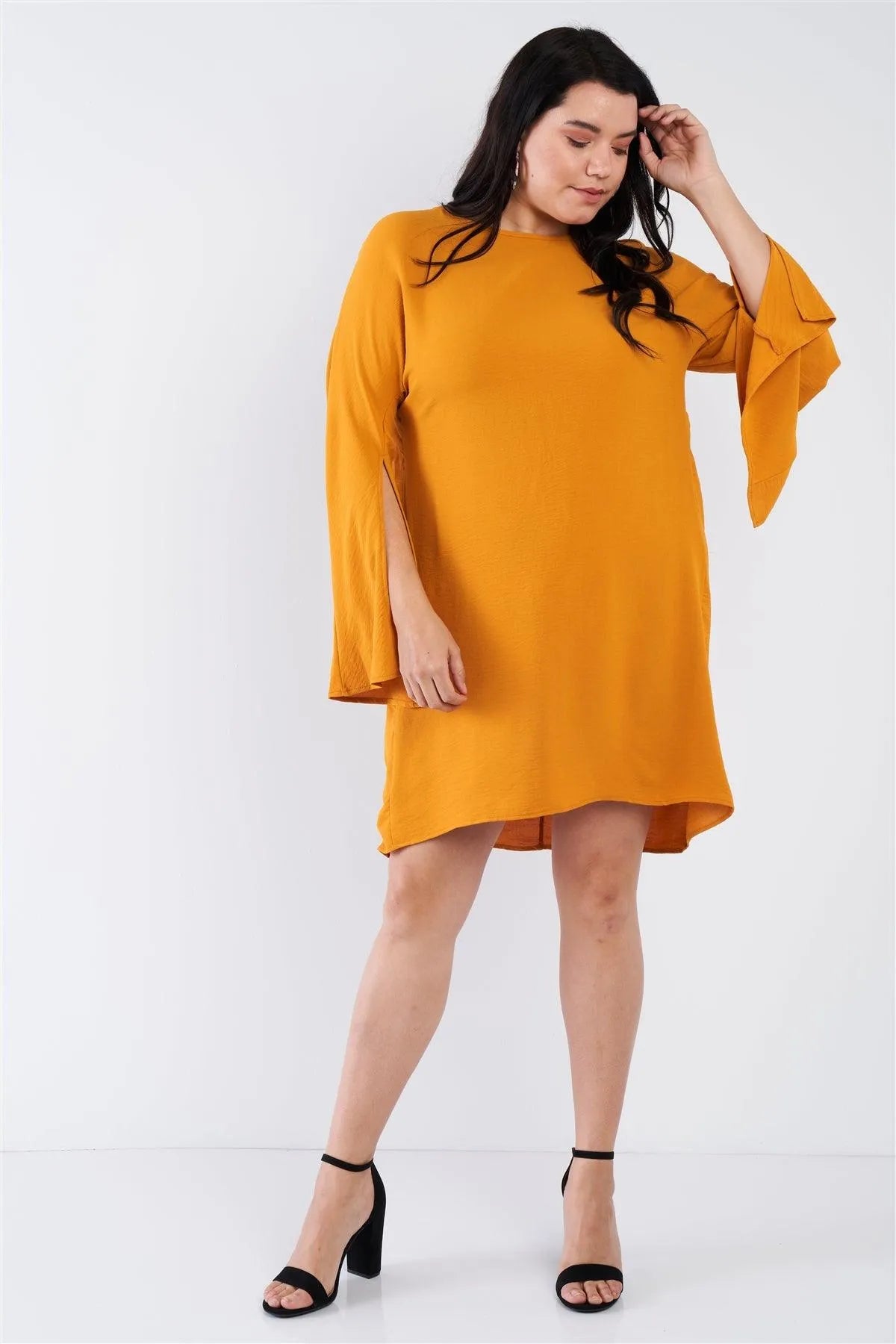 Plus Size Mustard Yellow Retro Chic Full Slit Sleeve Mini Dress /2-2-2 - Tasha Apparel Wholesale