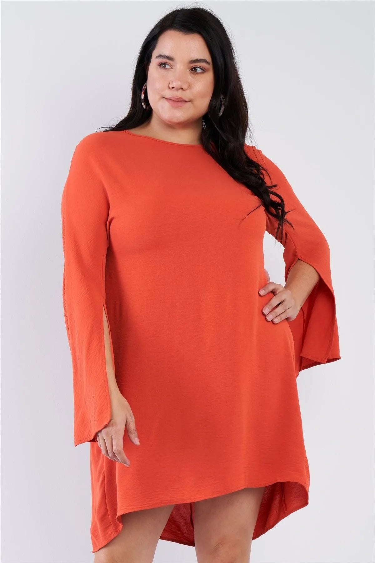 Plus Size Terracota Red Retro Chic Full Slit Sleeve Mini Dress /2-2-2 - Tasha Apparel Wholesale
