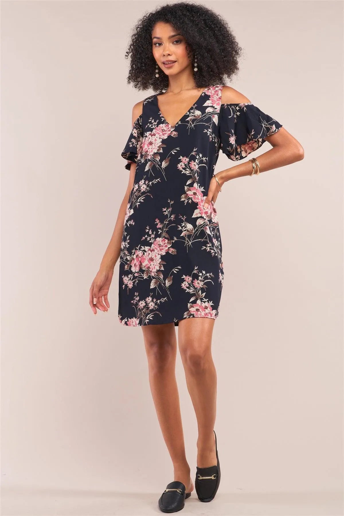 Navy Floral Print Relaxed Fit Off-The-Shoulder Short Sleeve V-Neck Mini Dress /1-2-1 - Tasha Apparel Wholesale