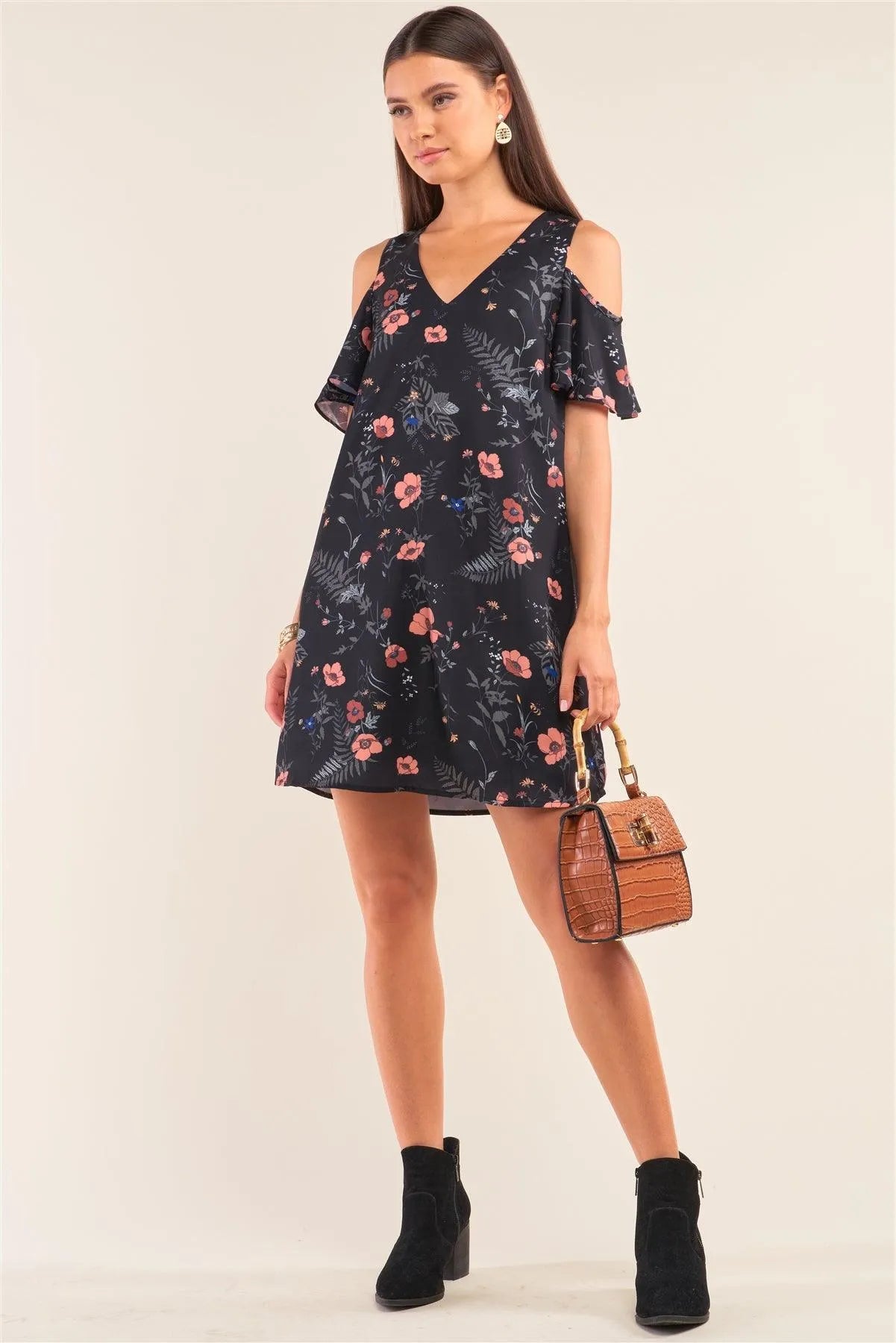 Black Floral Print Relaxed Fit V-Neck Mini Dress - Tasha Apparel Wholesale