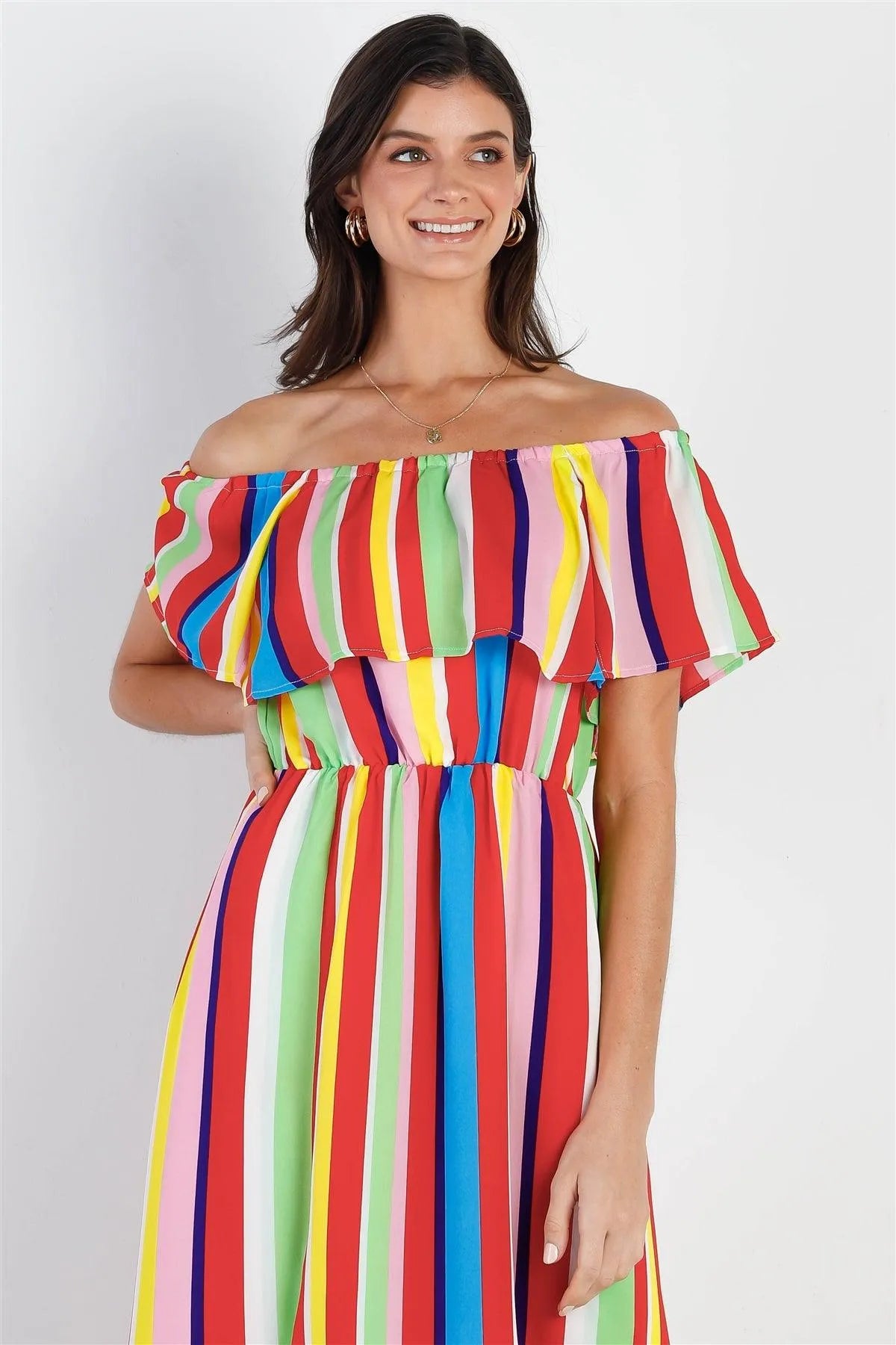 Rainbow Multi Color Stripe Off-The-Shoulder Ruffle Collar Maxi Dress /2-2-1 - Tasha Apparel Wholesale