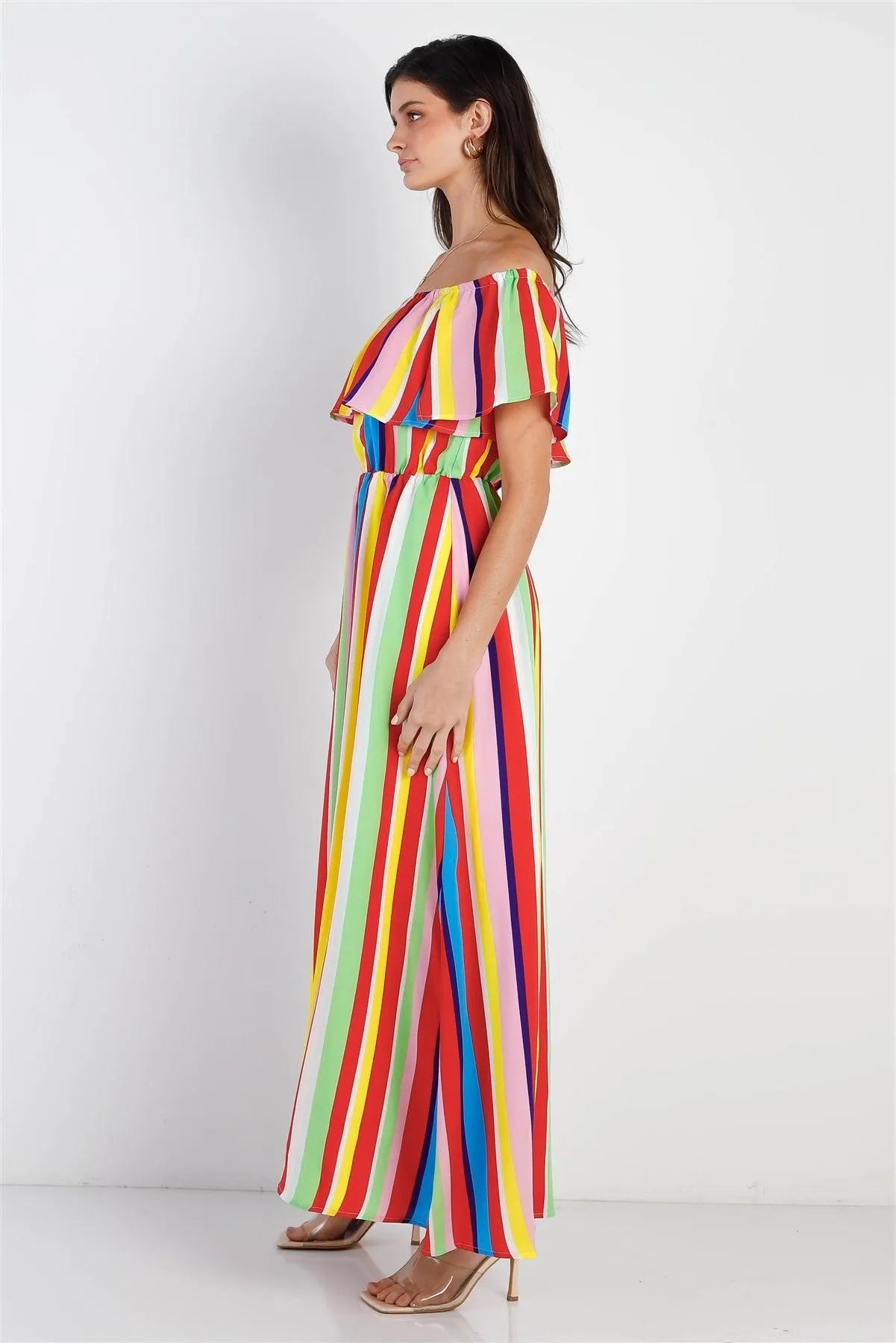 Rainbow Multi Color Stripe Off-The-Shoulder Ruffle Collar Maxi Dress /3-2 - Tasha Apparel Wholesale