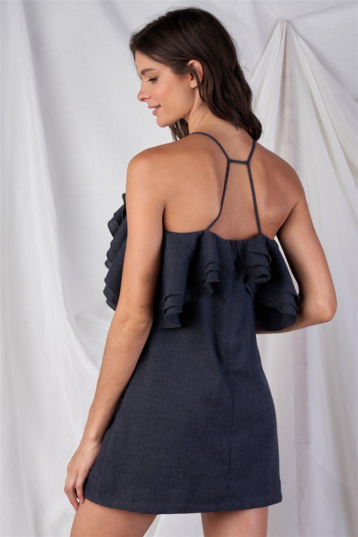 Solid Dark Grey Loose Fit Sleeveless Off-The-Shoulder Massive Triple Ruffle Hem Lined Mini Dress
