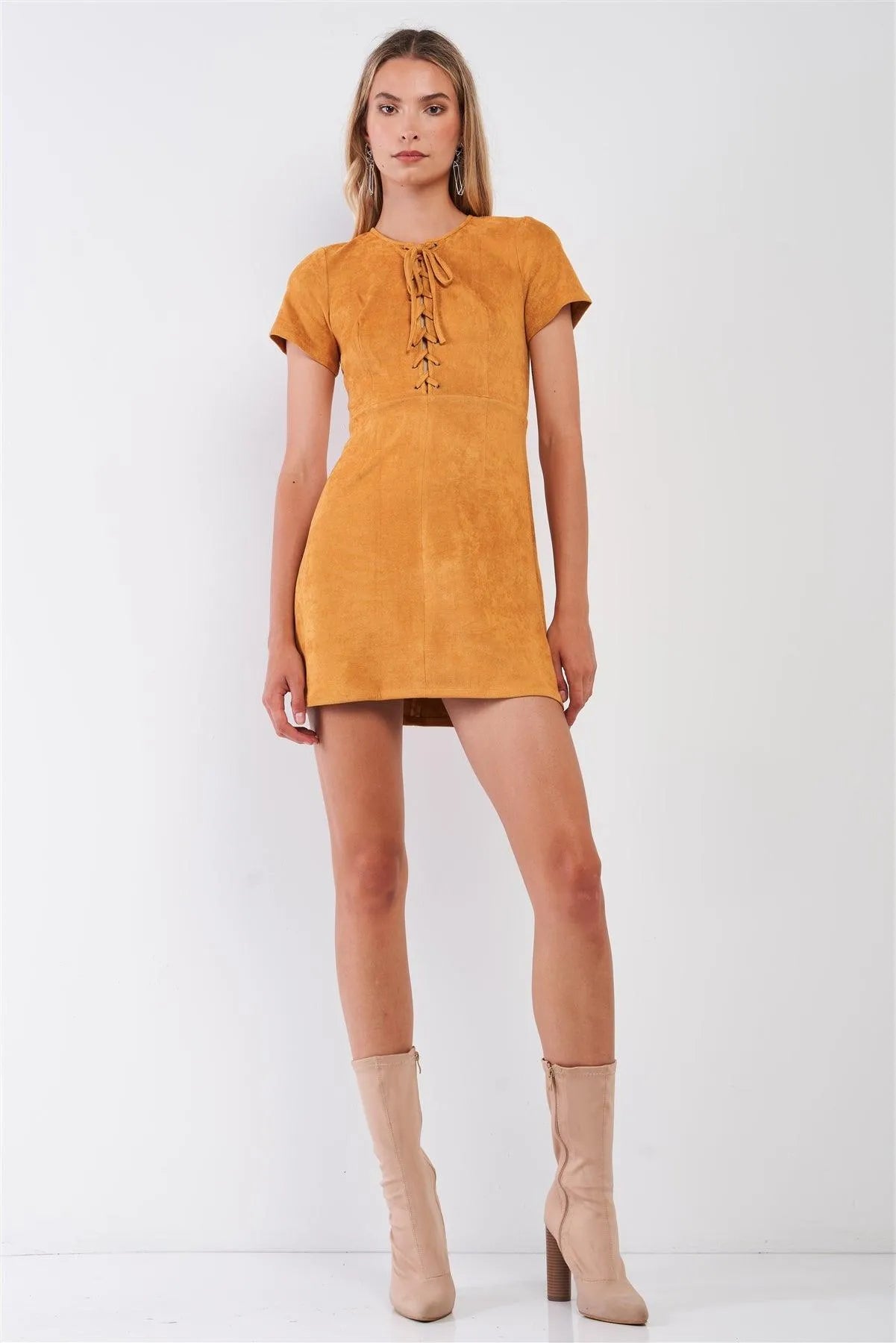 Camel-Mustard Lace-Up Vegan Suede Short Sleeve Fitted Mini Dress /1-1-2-2 - Tasha Apparel Wholesale