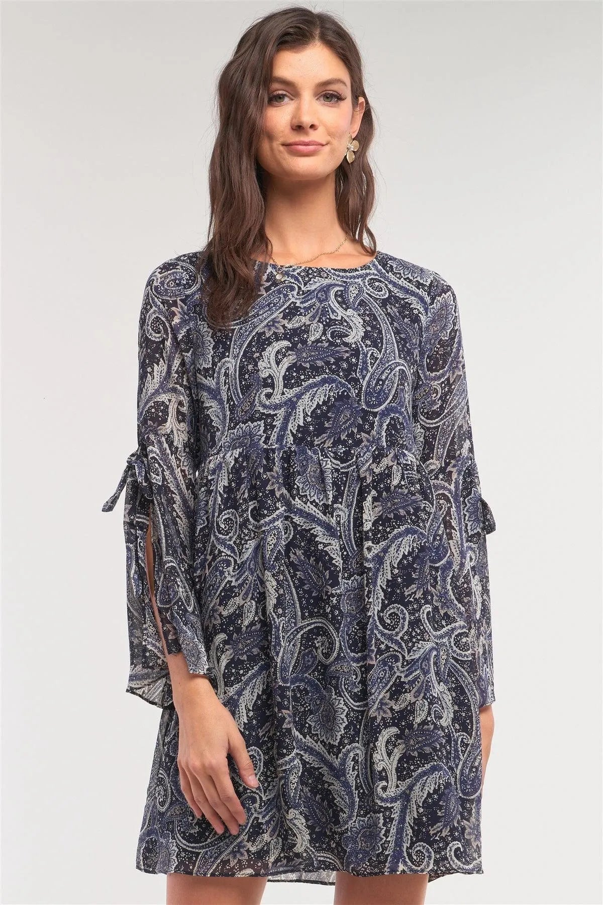 Navy Multicolor Paisley Print Loose Fit Trumpet Sleeve Self-Tie Detail Mini Dress /2-2-1 - Tasha Apparel Wholesale