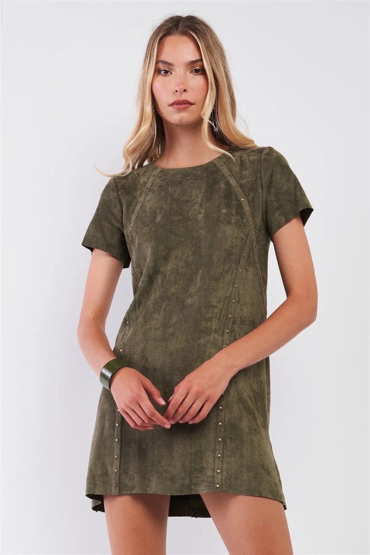 Olive Vegan Suede Short Sleeve Fitted Mini Dress /2-3-1 - Tasha Apparel Wholesale