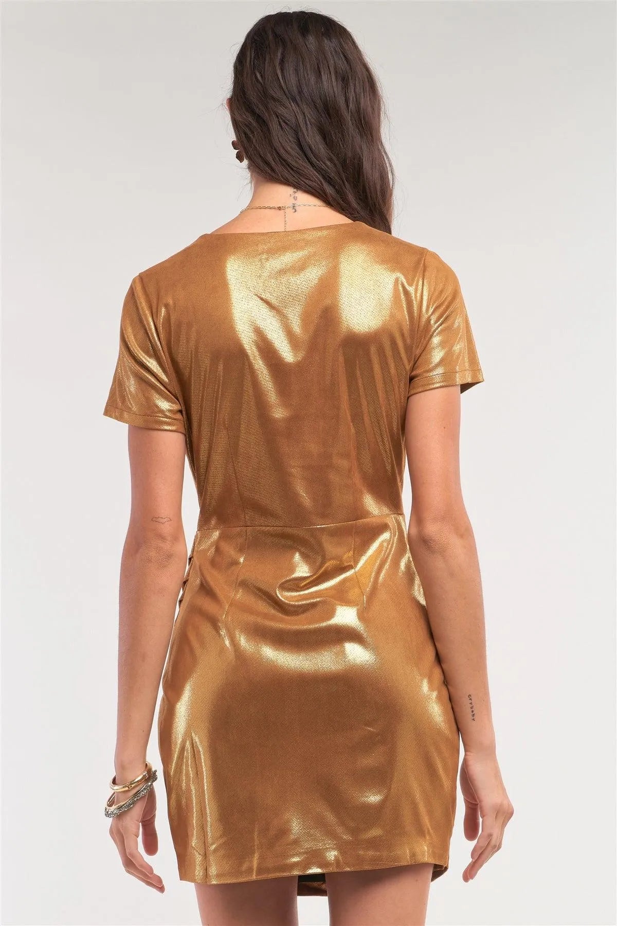 Liquid Gold Deep Plunge V-Neck Short Sleeve Wrap Gathered Side Detail Mini Dress /1-1-2-1 - Tasha Apparel Wholesale