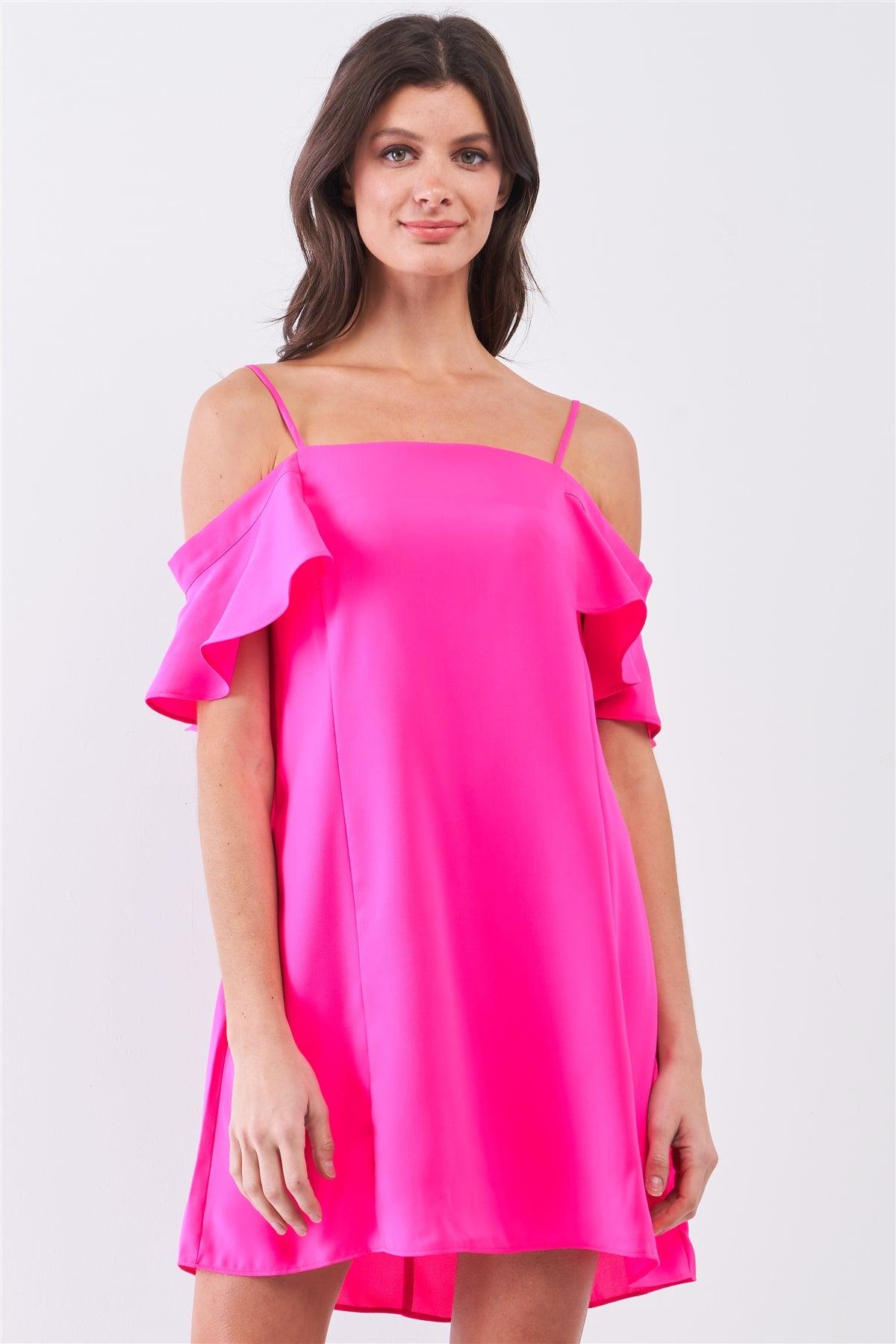 Hot Pink Cold Shoulder Ruffle Mini Shift Dress