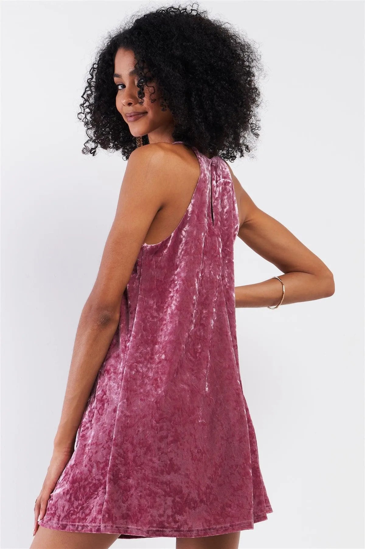 Pink Rose Velvet Square Halter Neck Mini Dress - Tasha Apparel Wholesale