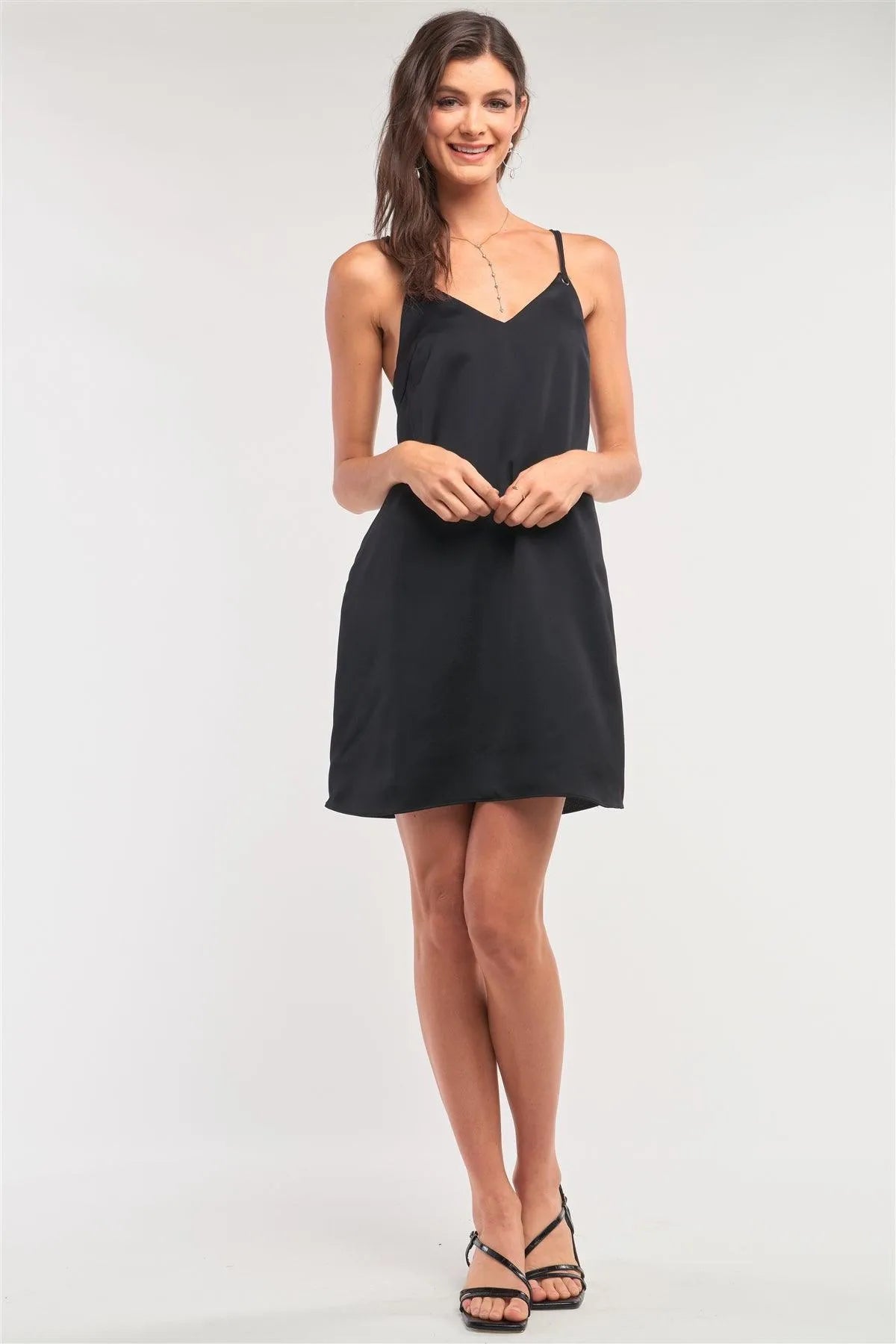 Black Satin V-Neck Loose Fit Sleeveless Razor Back Self-Tie Tassel Tip Straps Detail Mini Dress /1-2-3 - Tasha Apparel Wholesale