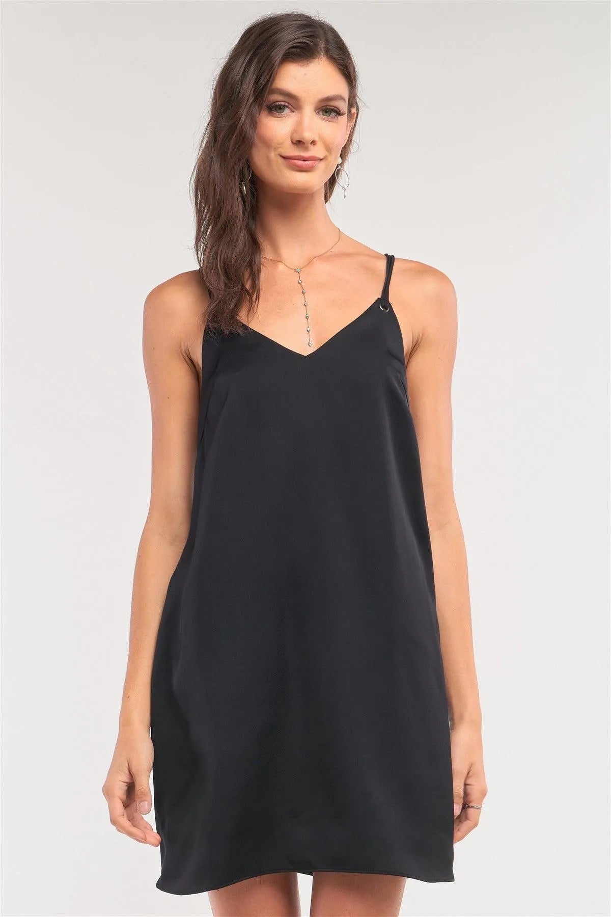 Black Satin V-Neck Loose Fit Sleeveless Razor Back Self-Tie Tassel Tip Straps Detail Mini Dress /1-2-2-1 - Tasha Apparel Wholesale