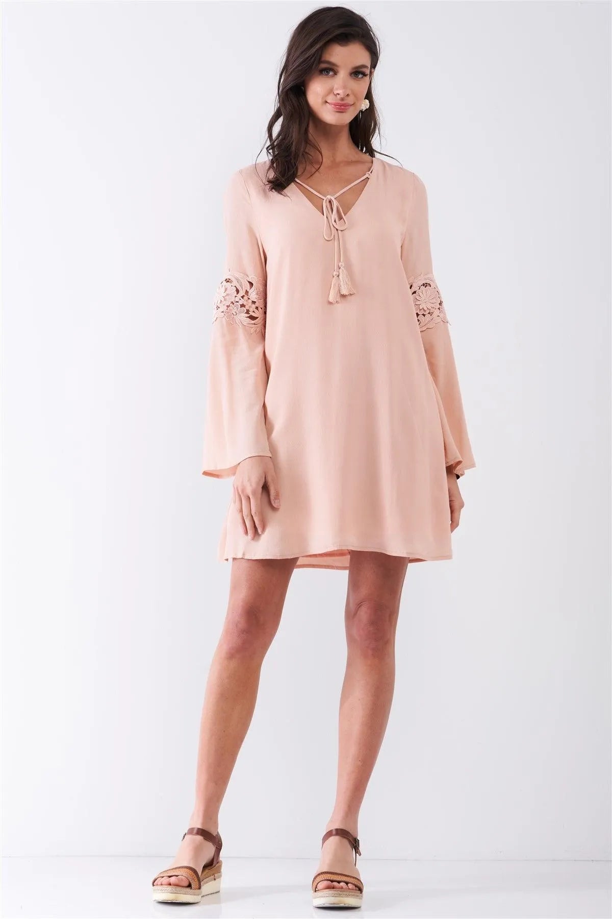Light Pink Embroidered Trumpet Sleeve Tassel Tip Self-Tie V-Neck Relaxed Mini Dress /1-2-2-1 - Tasha Apparel Wholesale