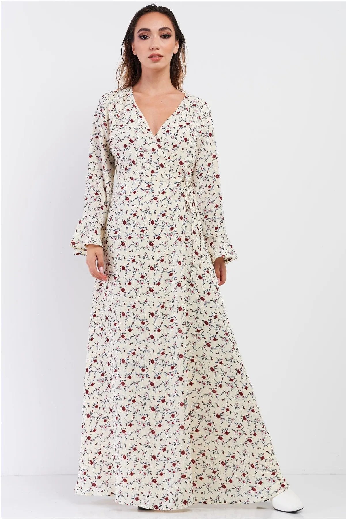 Cream Multi Floral Print Wrap Self-Tie Waist Long Sleeve Flare Hem Maxi Dress /1-2-2-1 - Tasha Apparel Wholesale