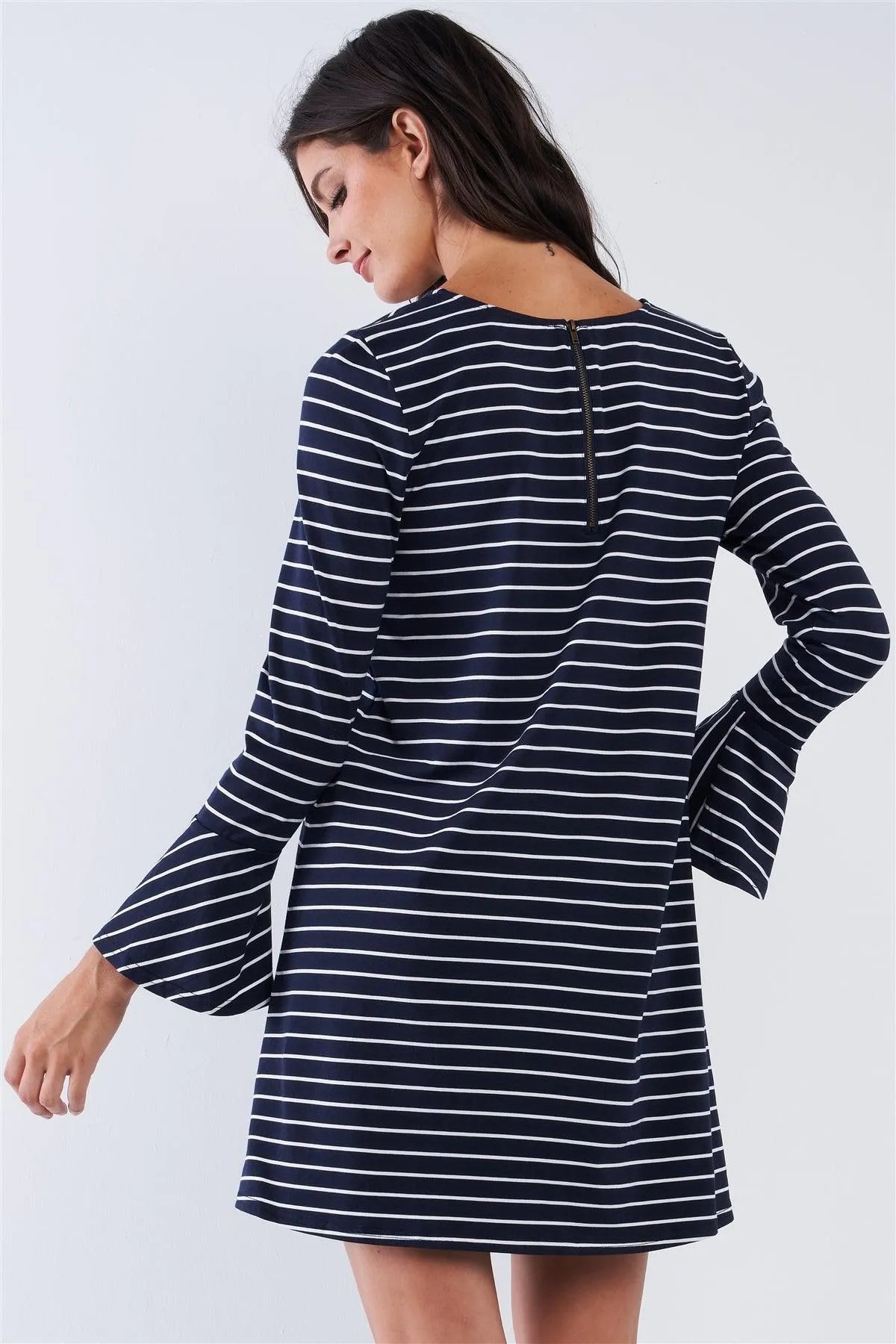 Navy Blue And White Horizontal Stripe Print Crew Neck Back Zipper Closure Loose Fit Long Sleeve Mini Dress /1-3-1 - Tasha Apparel Wholesale