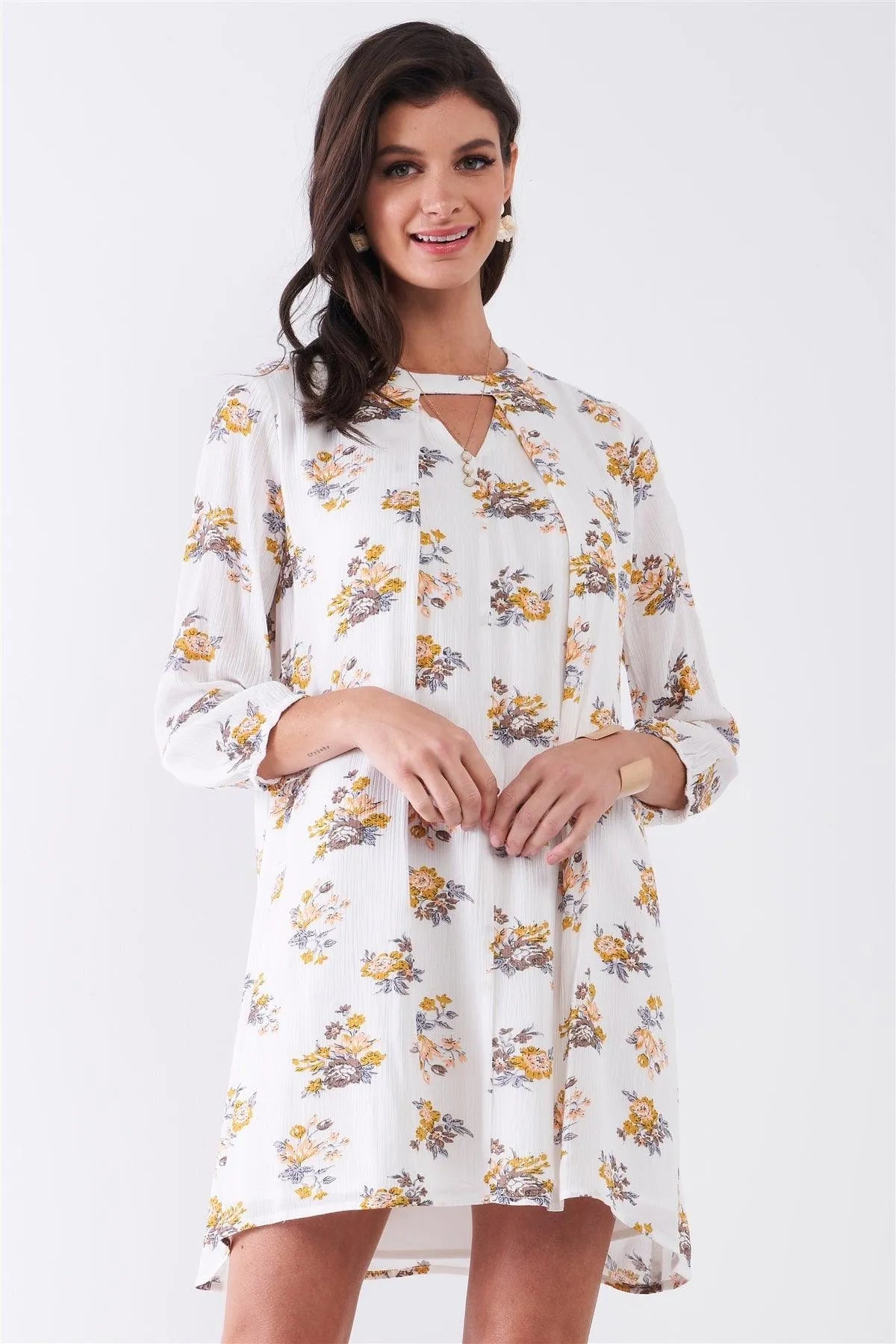 White Multicolor Floral Print Long Sleeve Pleated Front V-Neck Loose Mini Dress /1-2-1 - Tasha Apparel Wholesale