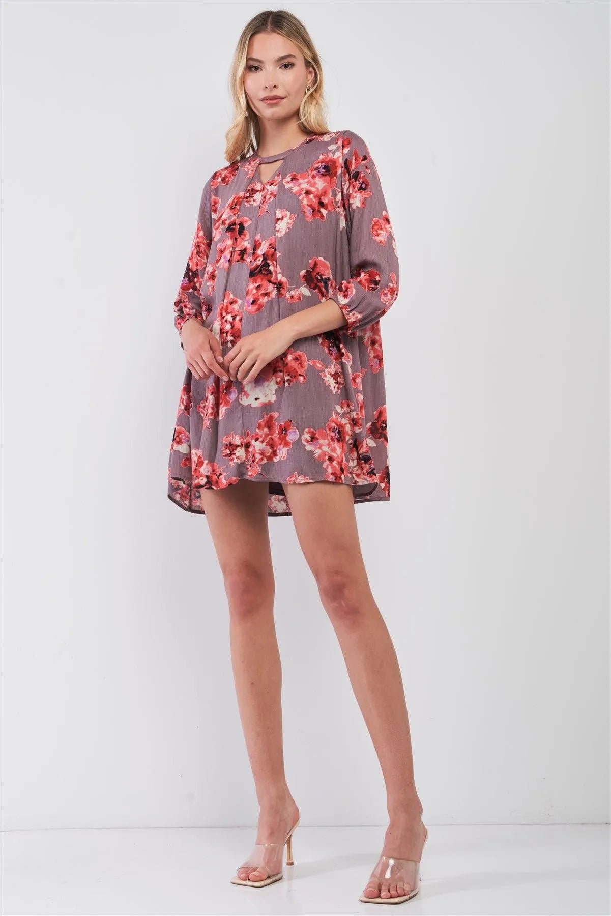 Mauve Multicolor Floral Print Midi Sleeve Pleated Front Cut-Out V-Neck Loose Mini Dress /1-1-3-2 - Tasha Apparel Wholesale