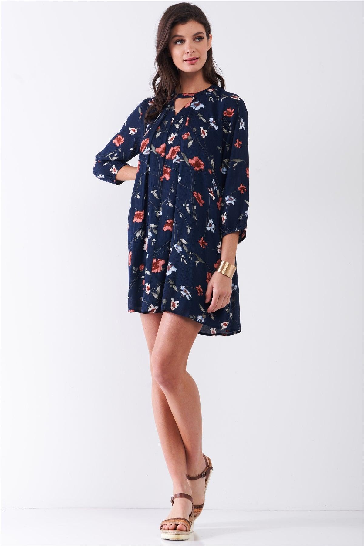 Navy Multicolor Floral Print Long Sleeve Pleated Front V-Neck Loose Mini Dress