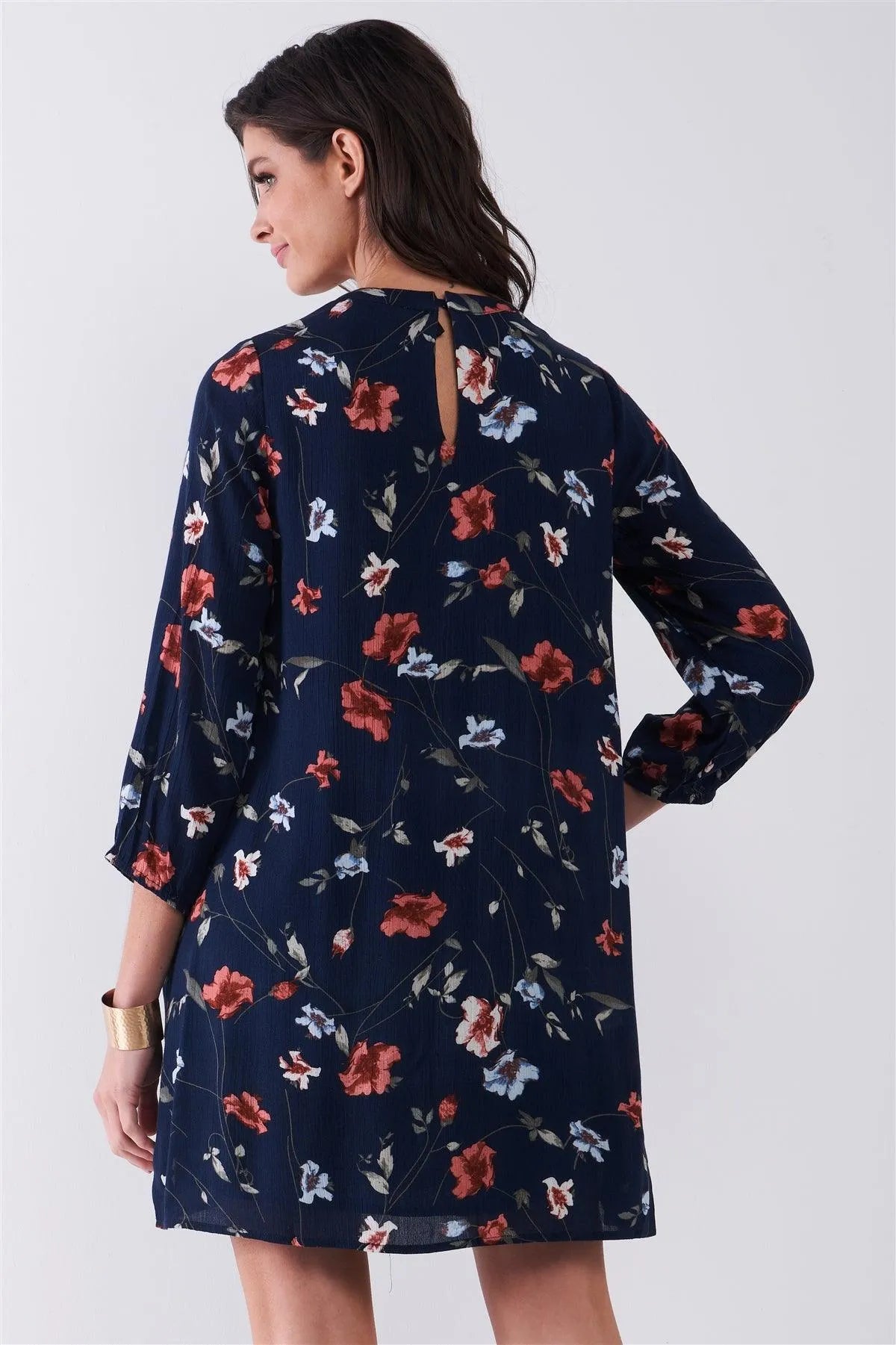 Navy Multicolor Floral Print Long Sleeve Pleated Front V-Neck Loose Mini Dress - Tasha Apparel Wholesale