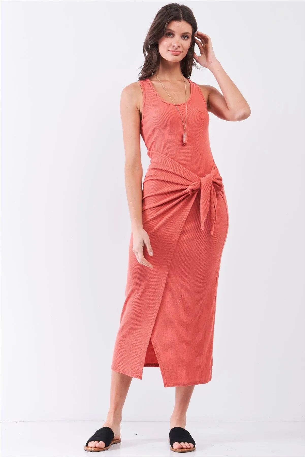Brick Coral Ribbed Sleeveless Scoop Neck Asymmetrical Wrap Front Detail Midi Dress /3-1-2 - Tasha Apparel Wholesale