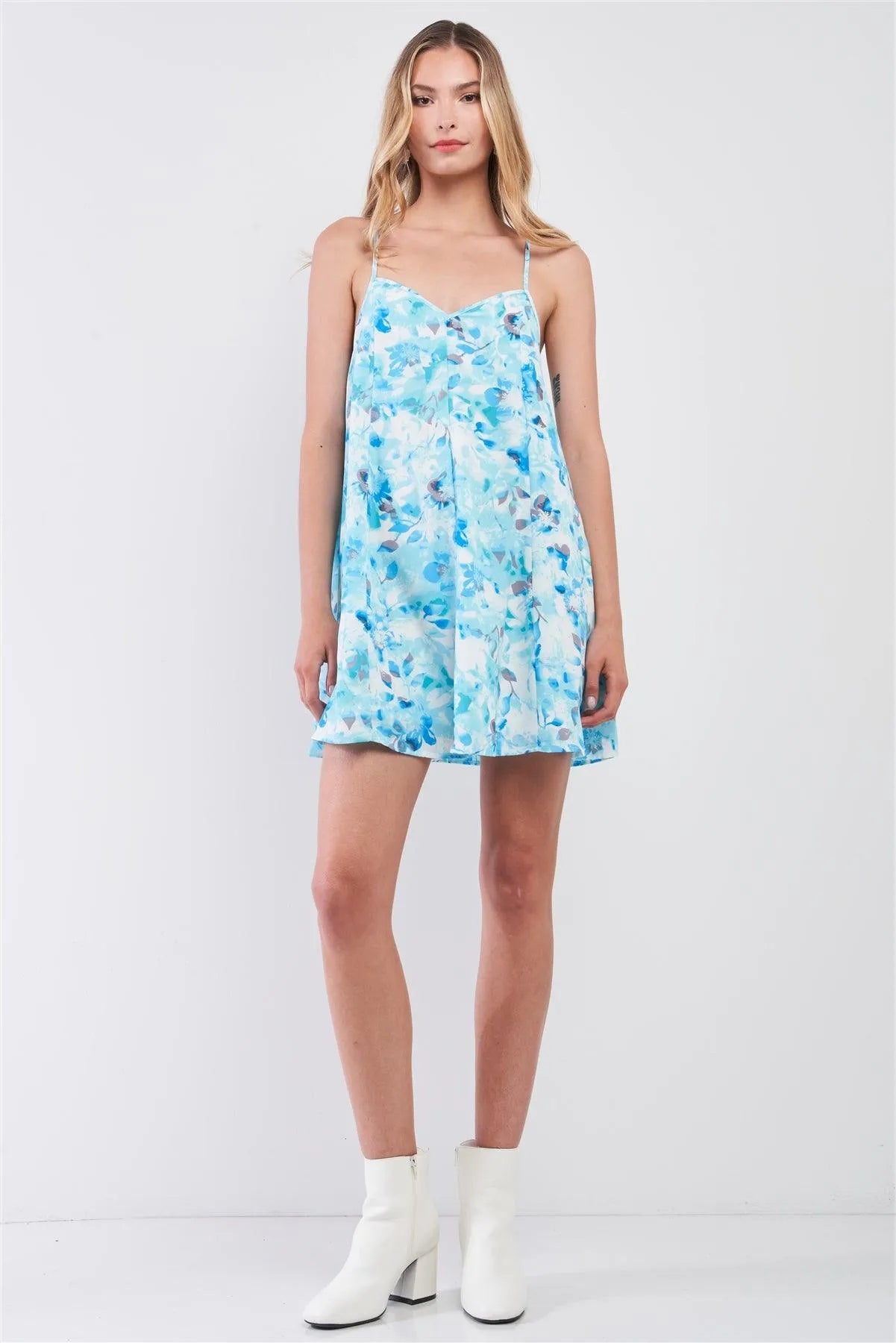 Watercolor Blue Floral Print Sleeveless V-Neck Racer Back Detail Flare Mini Dress /1-2-2-1 - Tasha Apparel Wholesale