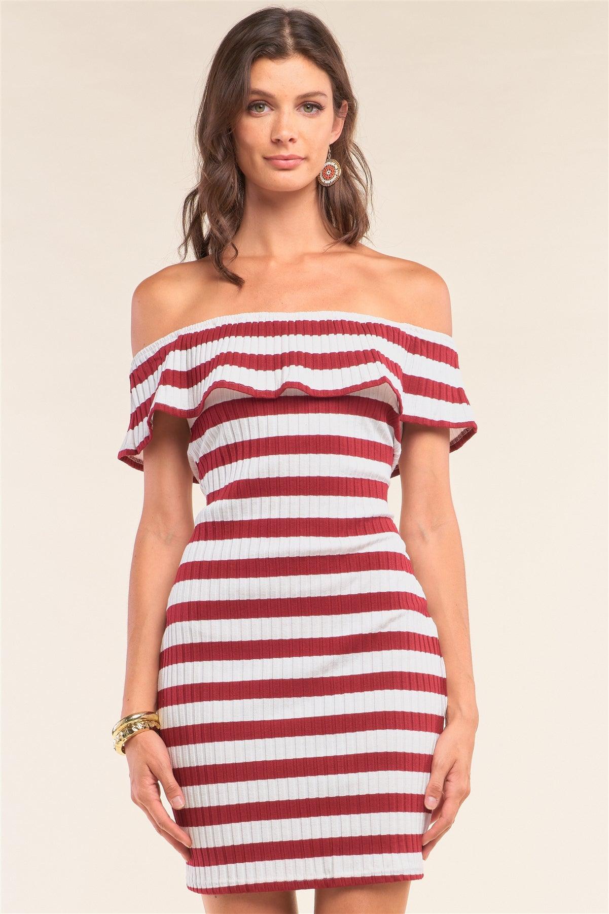 Burgundy White Striped Sleeveless Off-The-Shoulder Flare Hem Ribbed Bodycon Mini Dress