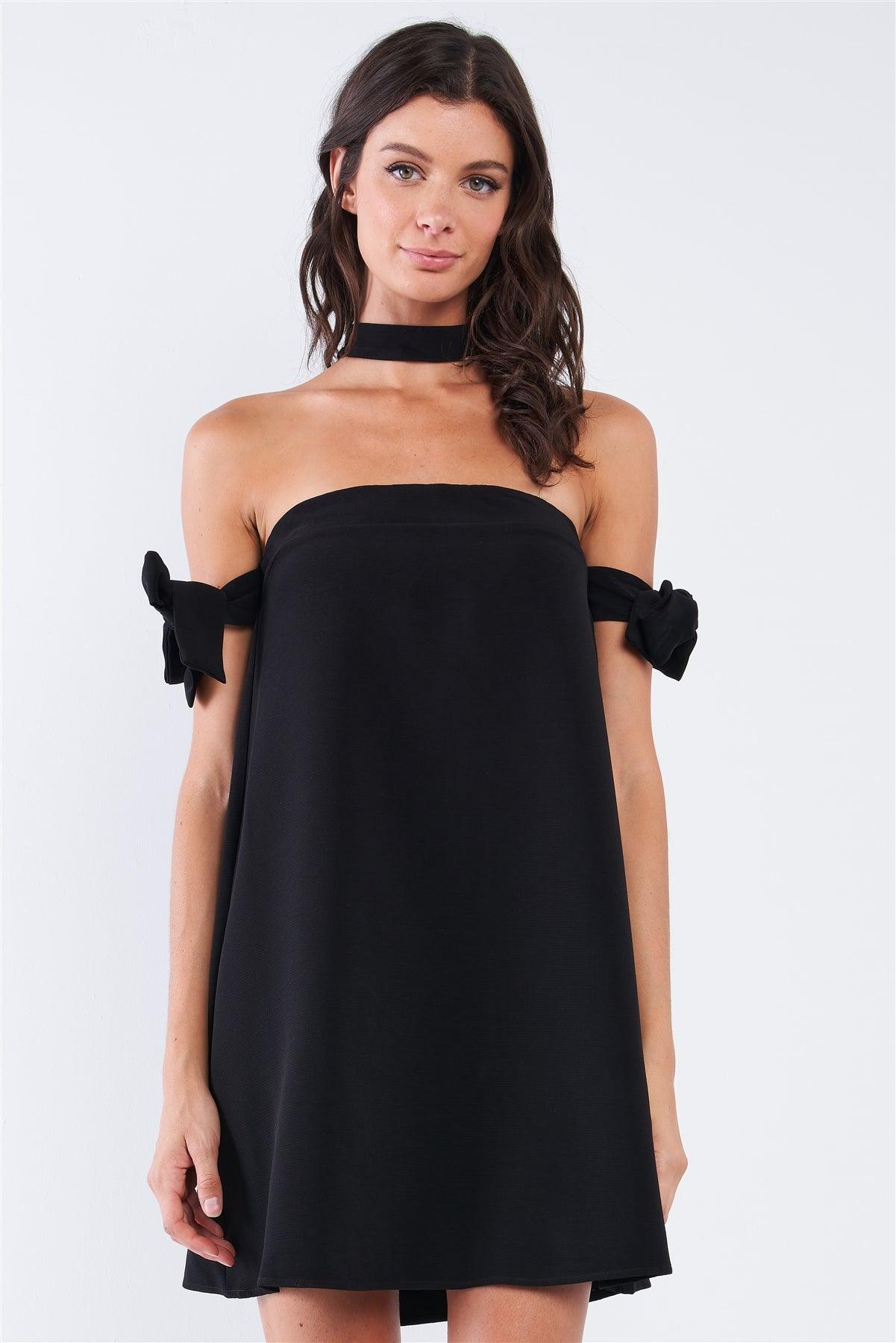 Solid Black Bow Tie T-Silhouette Back Halter Tie Ribbon Tie Sleeve Relaxed Fit Tunic Tube Mini Dress With Elastic Chest Hem