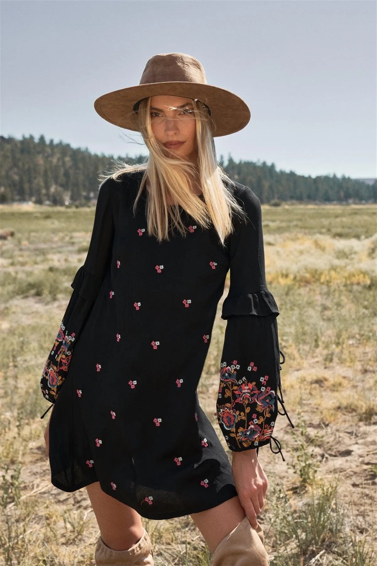 Boho Black Floral Embroidery Relaxed Fit Round Neck Long Frill Slit Self-Tie Balloon Sleeve Detail Mini Dress /1-2-2-1 - Tasha Apparel Wholesale