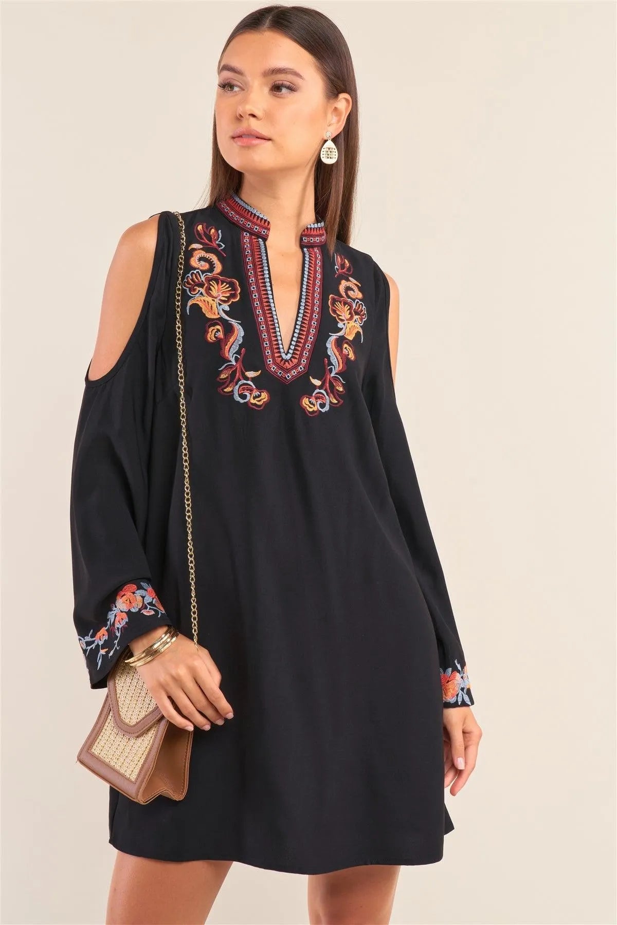 Black Slavic Floral Mix Embroidery Collared V-Neck Cut-Out Shoulder Detail Long Trumpet Sleeve Mini Dress /1-3-1 - Tasha Apparel Wholesale