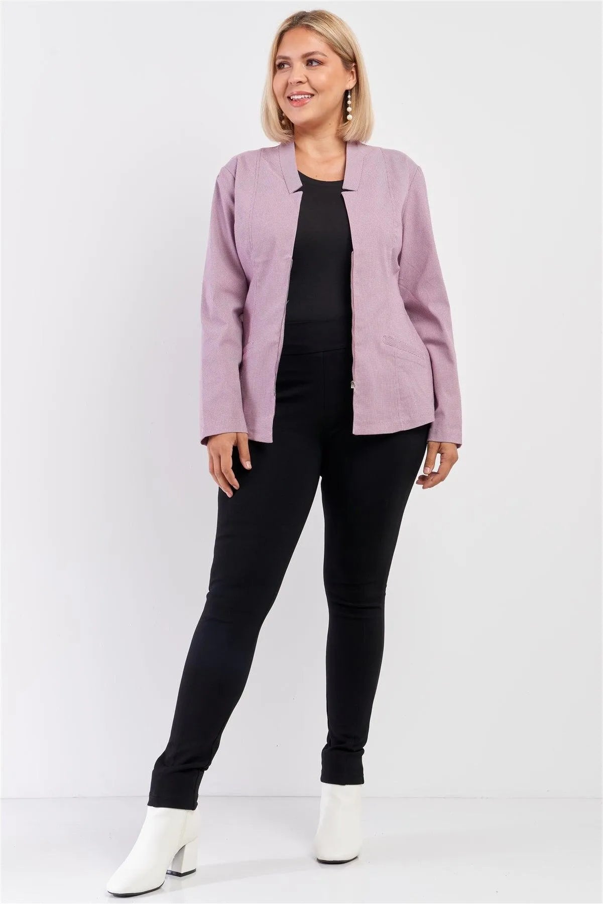 Junior Plus Mauve Checkered Houndstooth Pattern Front Zipper Closure Jacket /1-2-2 - Tasha Apparel Wholesale