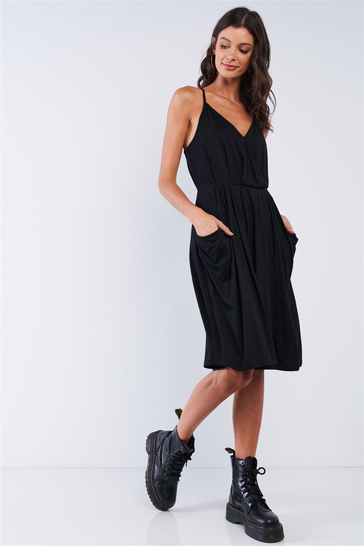 Black Casual Pleated Wrap Deep Plunge V-Neck Sleeveless Mini Dress With Front Pockets