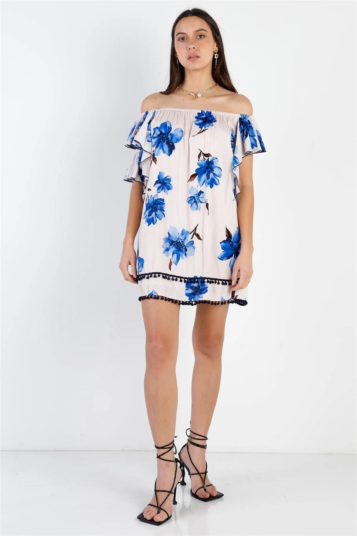Cream Multi Floral Cold Shoulder Ruffle Sleeve Pom Pom Detail Mini Dress - Tasha Apparel Wholesale