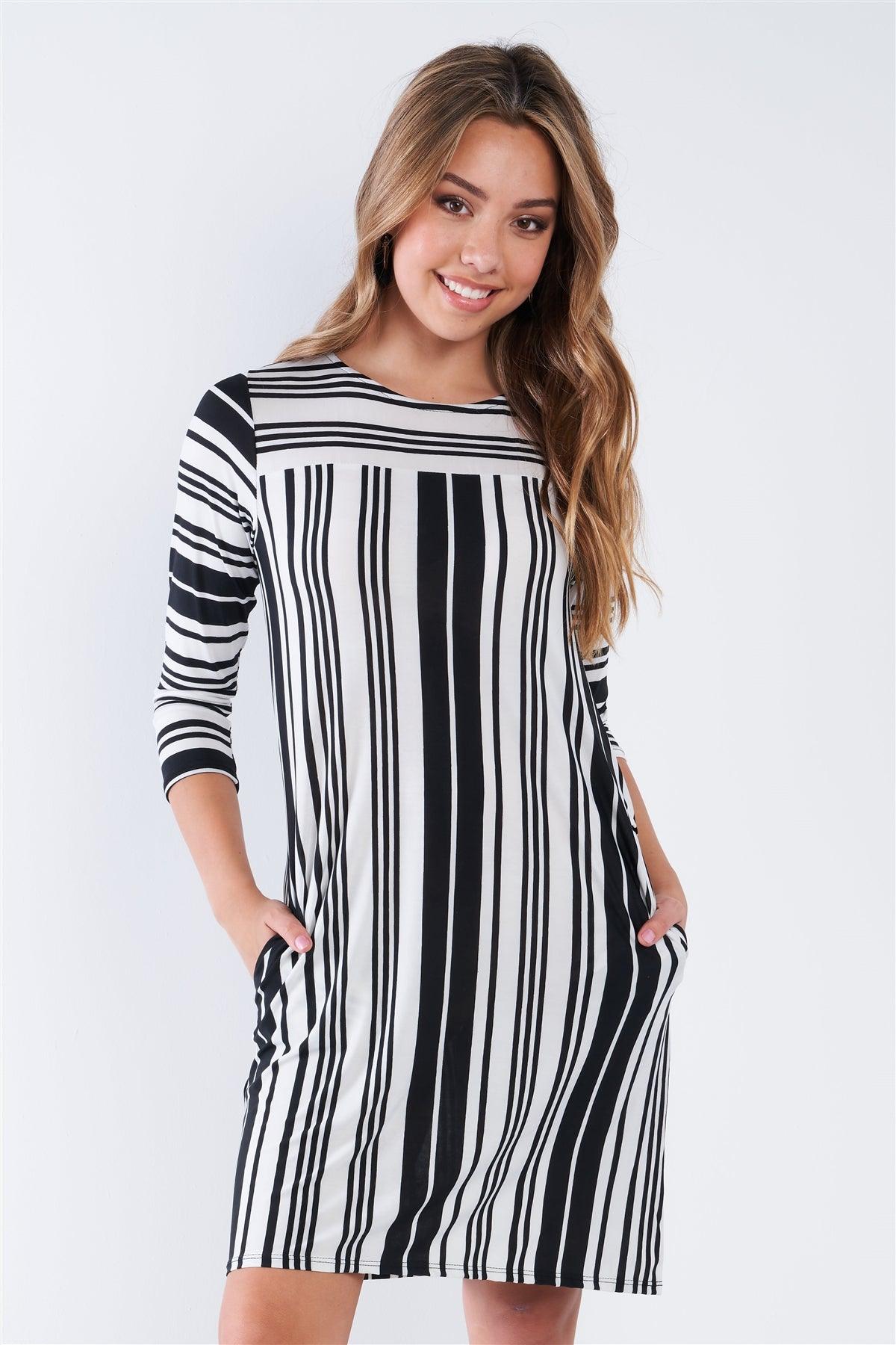Black White Stripe 3/4 Sleeve Shift Midi Dress