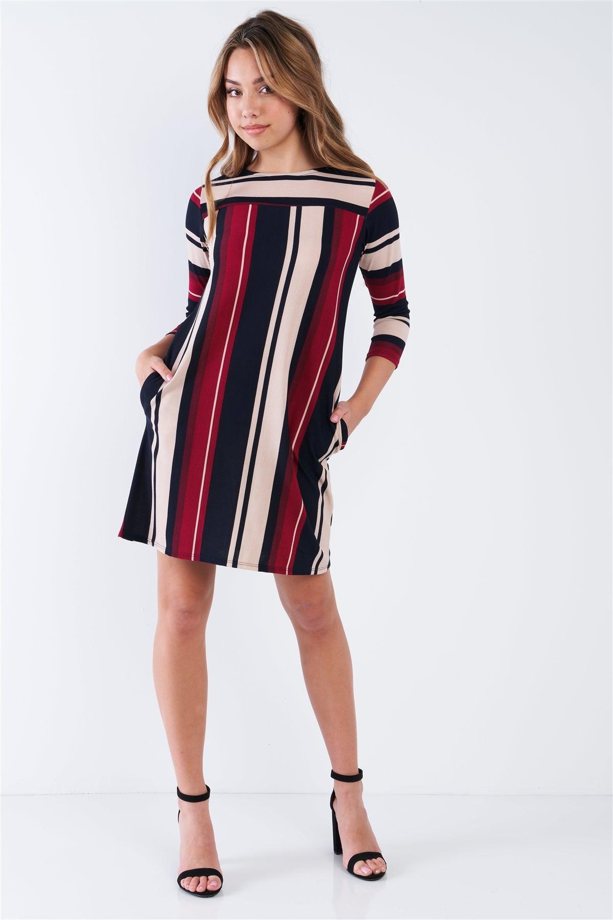 Burgundy Multi Stripe 3/4 Sleeve Shift Midi Dress