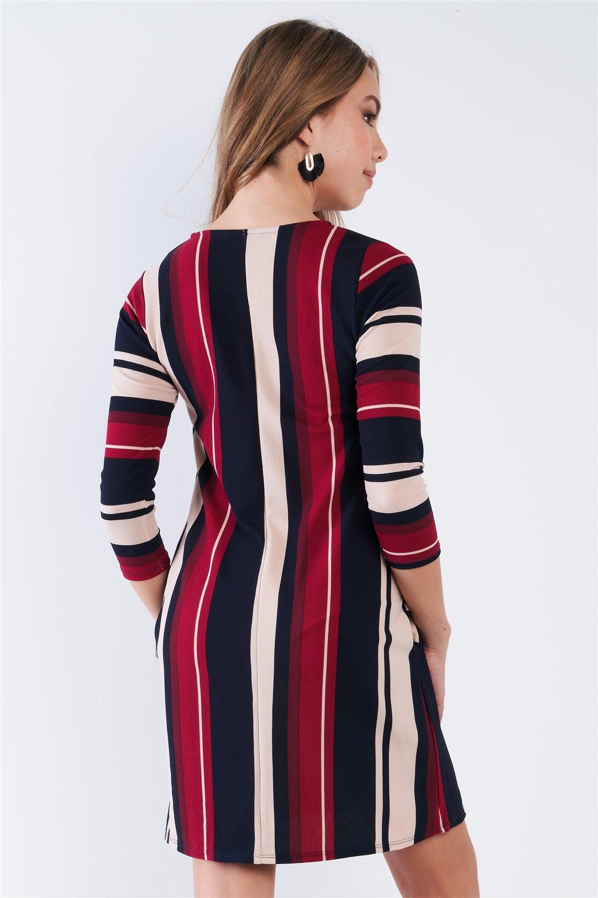 Burgundy Multi Stripe 3/4 Sleeve Shift Midi Dress