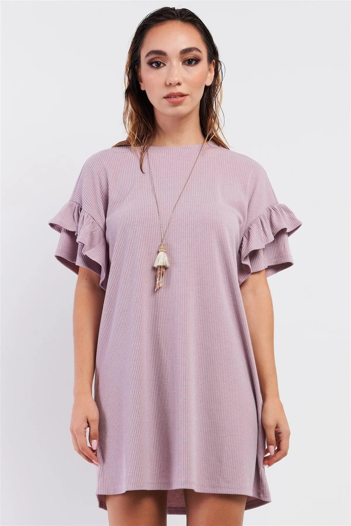 Dusty Pink Ribbed Loose Fit Layered Wing Short Sleeve T-Shirt Mini Dress /1-2-2-1 - Tasha Apparel Wholesale
