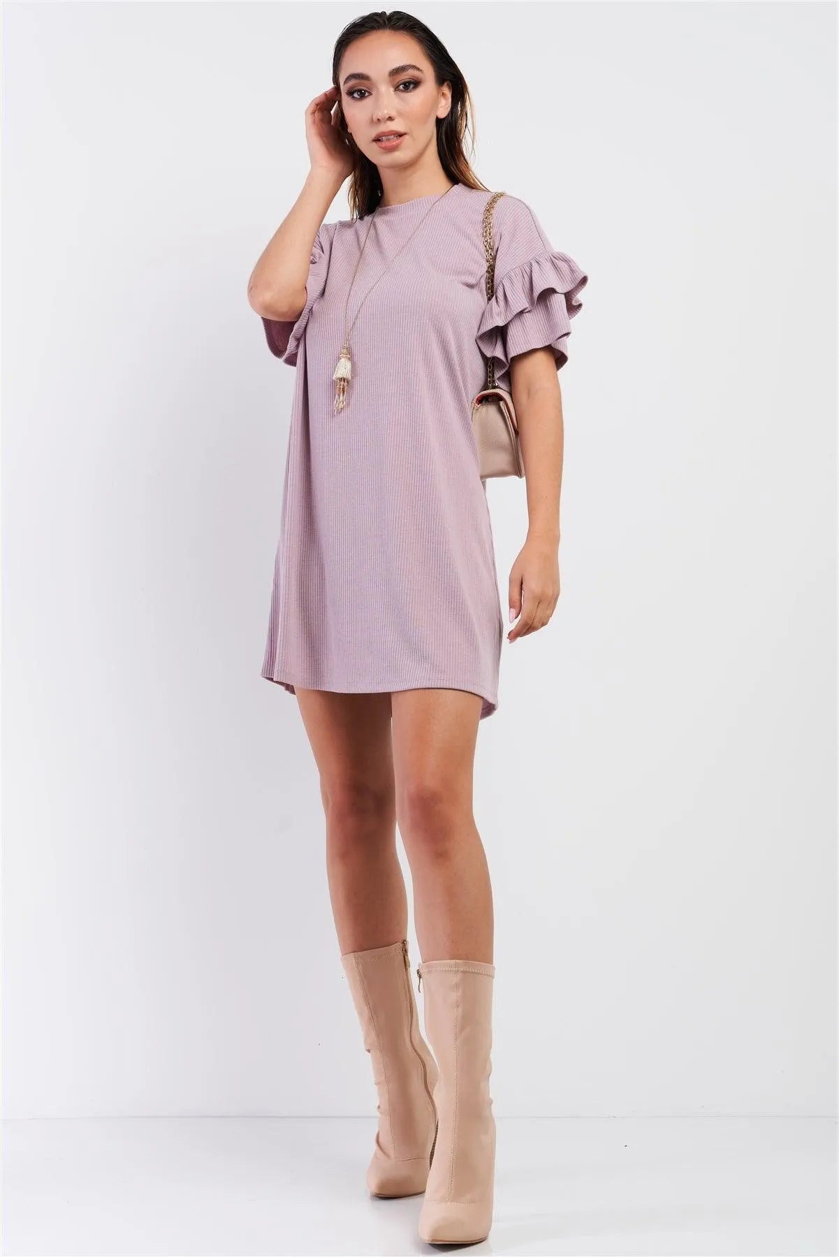 Dusty Pink Ribbed Loose Fit Layered Wing Short Sleeve T-Shirt Mini Dress /1-2-3 - Tasha Apparel Wholesale