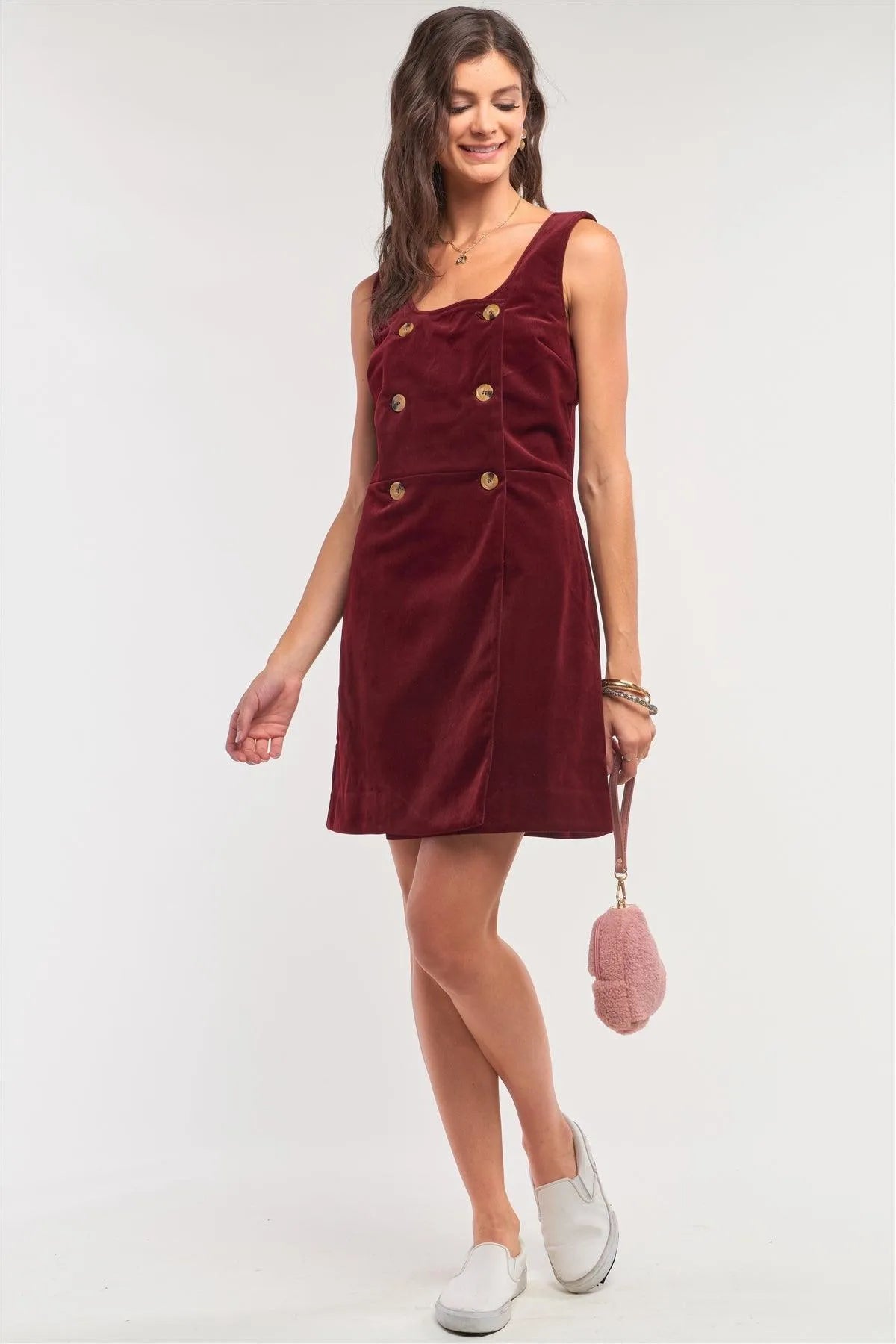 Cranberry Red Corduroy Sleeveless Double Breasted Mini Dress /1-2-2-1 - Tasha Apparel Wholesale