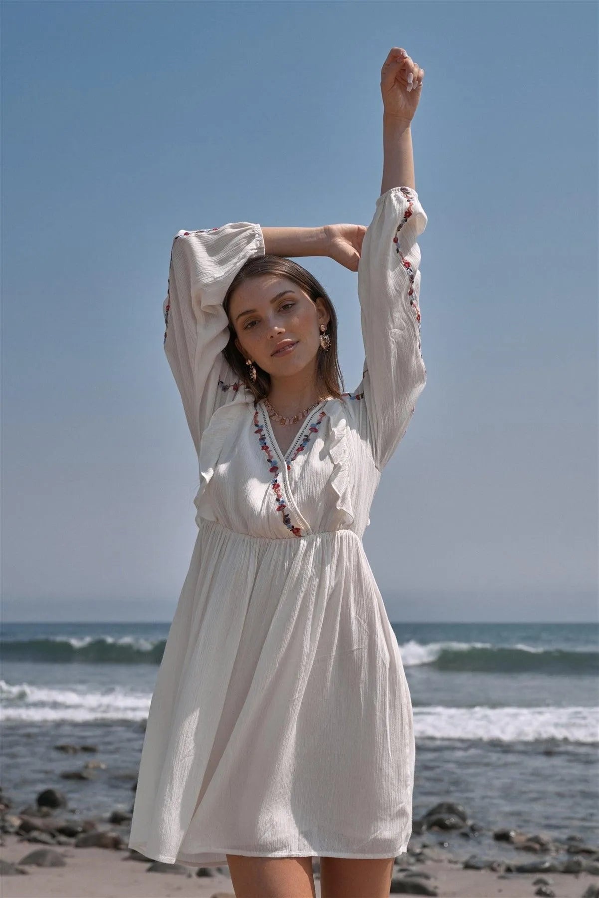 Nude Boho Floral Embroidery Wrap V-Neck Ruffle Trim Detail Long Balloon Sleeve Mini Dress /1-2-2-1 Nude Boho Floral Embroidery Wrap V-Neck Ruffle Trim Detail Long Balloon Sleeve Mini Dress /1-2-2-1
