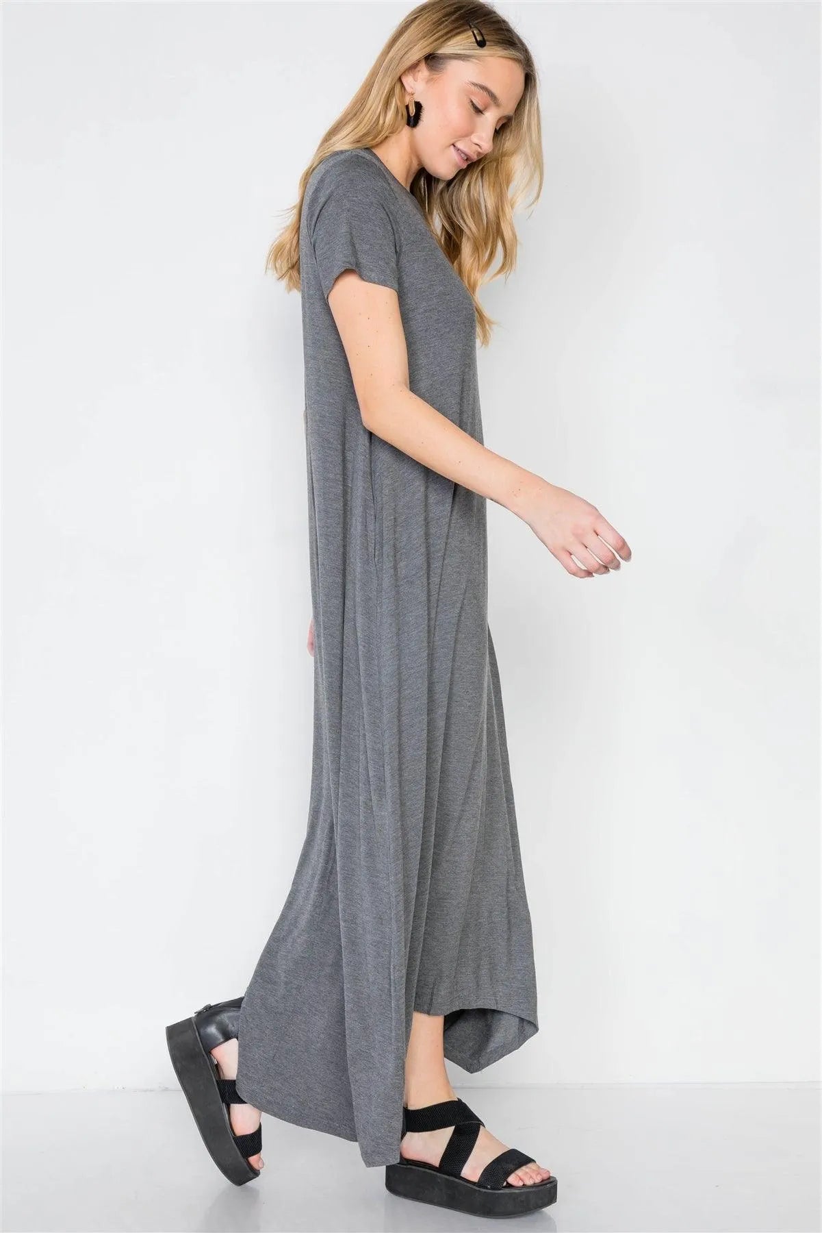 Mid Grey Basic Short Sleeve Comfy Maxi Dress /2-2-2 - Tasha Apparel Wholesale